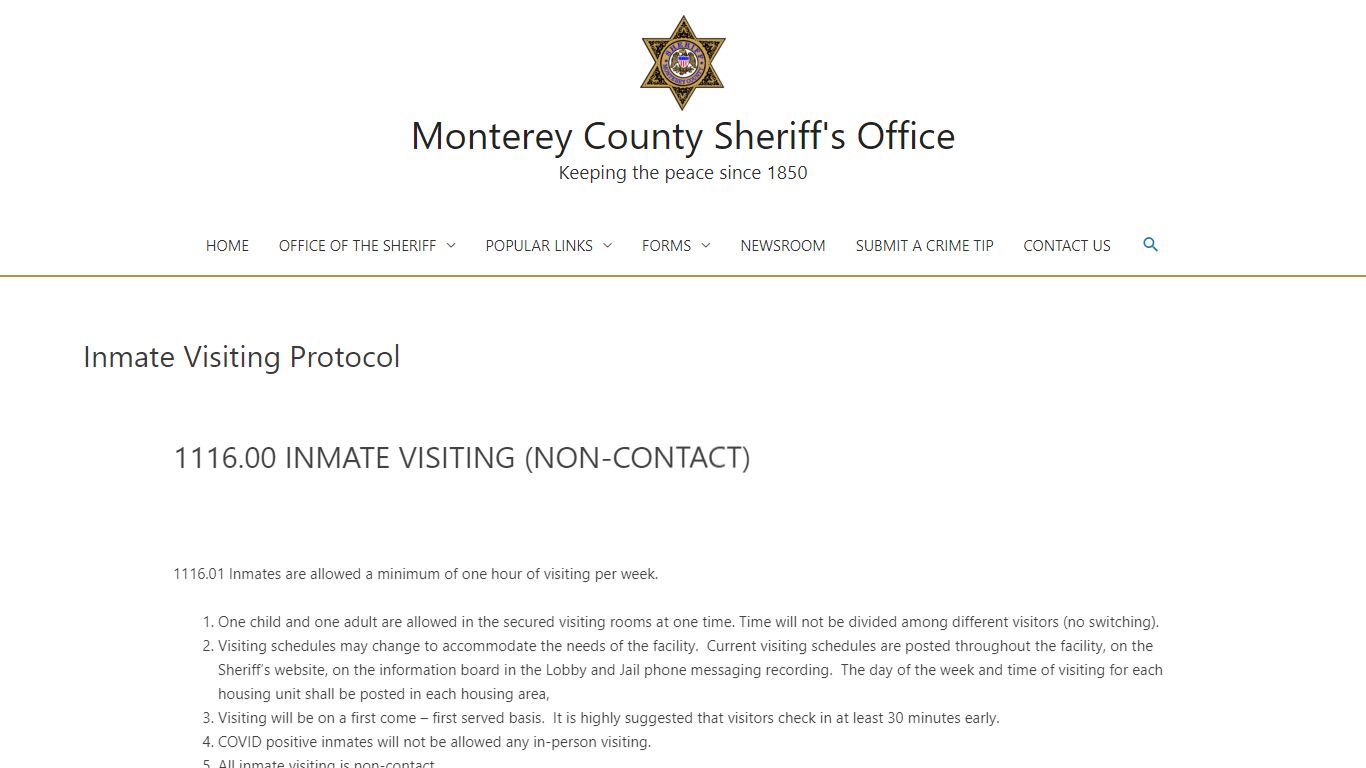 Inmate Visiting Protocol – Monterey County Sheriff's Office