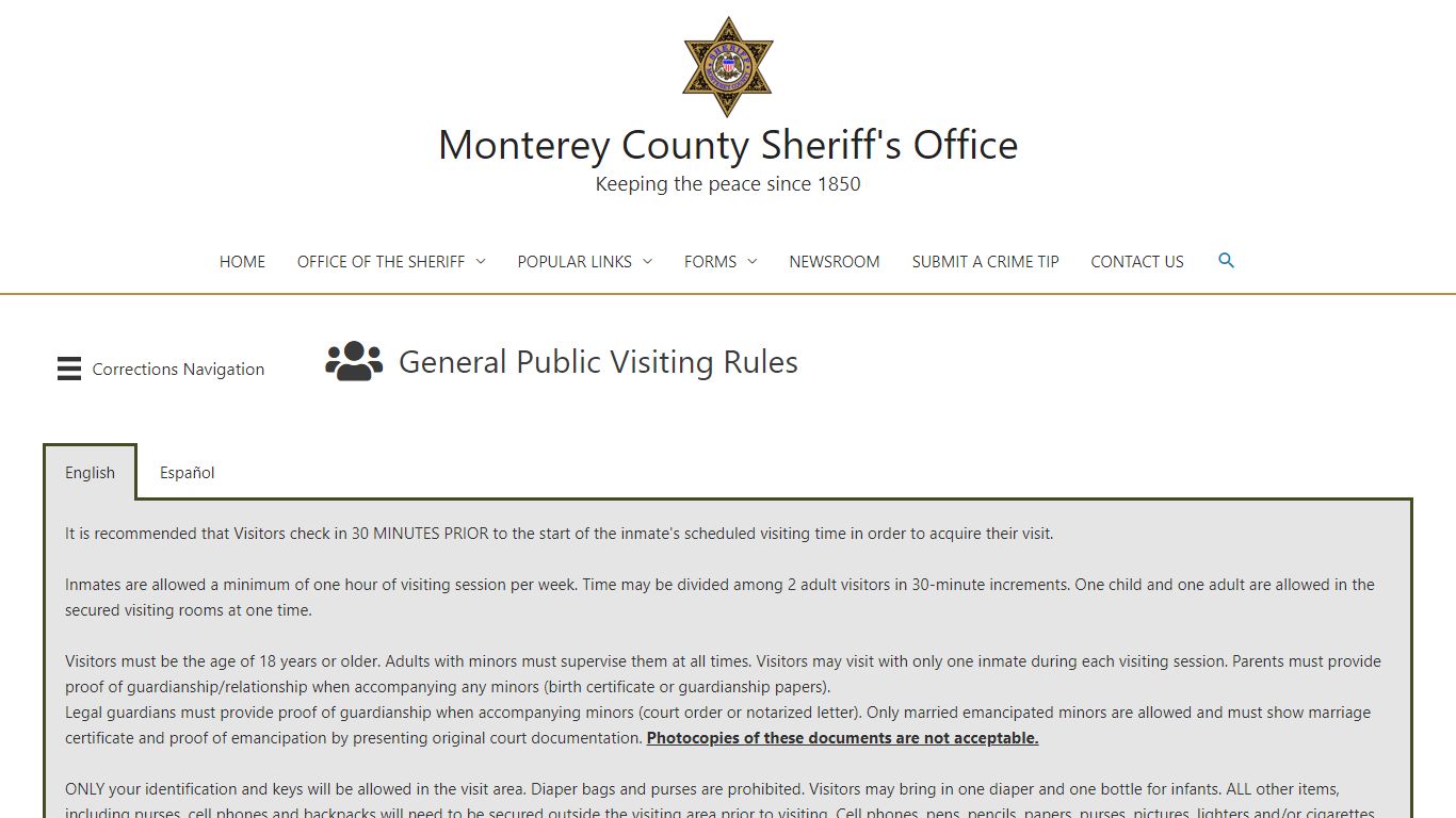 General Public Visiting Rules – Monterey County Sheriff's Office