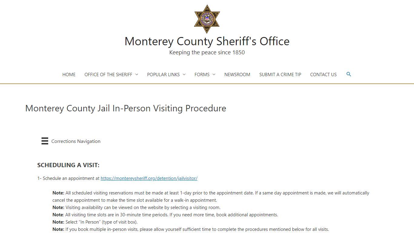 Monterey County Jail In-Person Visiting Procedure